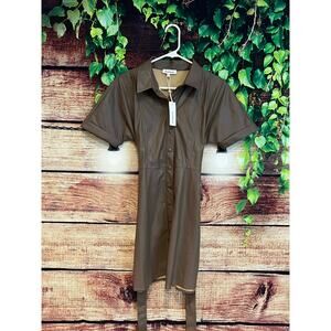 Heartloom Faux Leather Brown Mini Dress w Waist Tie Collar & Snap Buttons XS NWT